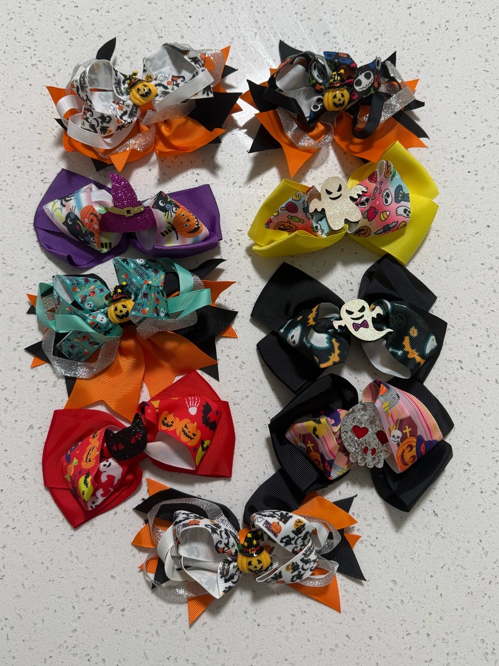 Lot of 9 Halloween Kids Hair Bows - Assorted Orange, Black, Purple, Red, Yellow